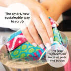 Skoy Scrub, 4-Pack Reusable, Non-Scratching Dish Scrubber for Kitchen and Household Cleaning, Planet-Friendly, Dishwasher Safe Soft Scrub, Assorted Colors and Designs