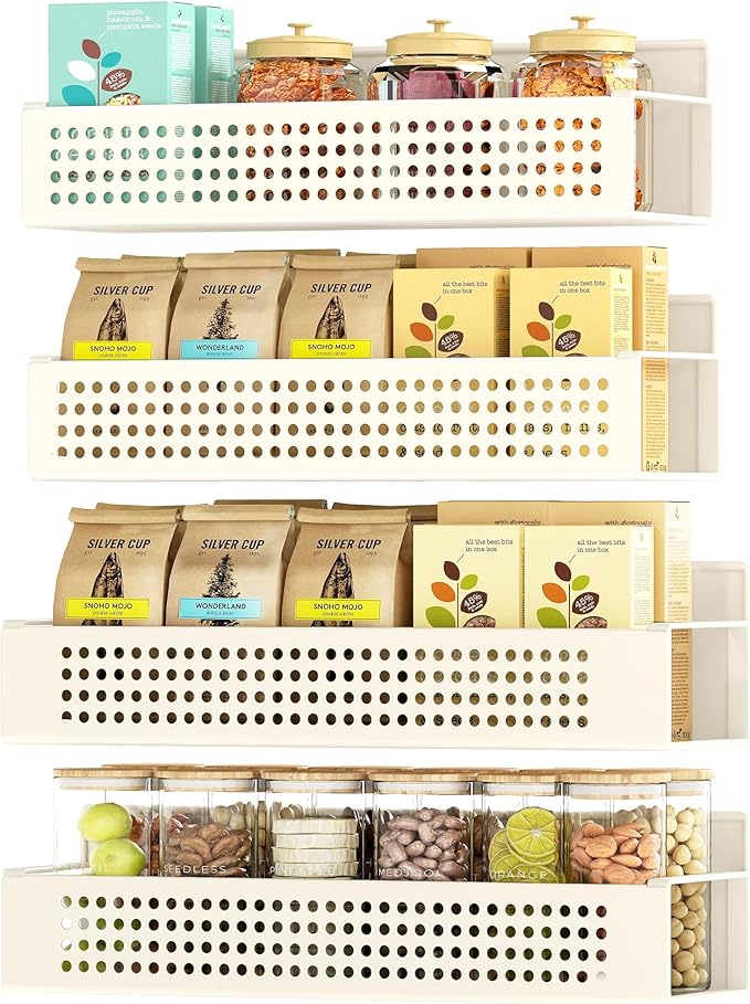 SONGMICS Strong Magnetic Spice Rack for Refrigerator, Set of 4, 2 Large and 2 Small Kichen Magnetic Shelves for Microwave, Washing Machine, Spice Organizers, No Drilling Needed, Cream White UKCS061W01