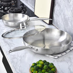 LOLYKITCH 12 Inch Tri-Ply Stainless Steel Frying Pan with Lid,Skillet,Induction Cooking Pan,Oven Safe and Detachable Handle