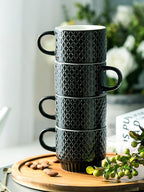 LYEOBOH Stackable Coffee Mugs Set of 4 with Rack & Spoons Coffee Mug Set 13 OZ., Ceramic Embossed Grinding Demitasse Cups Set Cappuccino Cup Halloween for Coffee, Latte, Macchiato, Espresso, Black