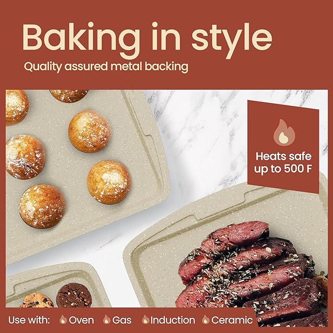 White Marble 10-Piece Bakeware Sets, Nonstick Carbon Steel Baking Sheet & Pans, Stackable Space-Saving Bakeware, Dishwasher Safe, Stain-resistant, PFOAPFOSPTFE Free, Oven Safe Up To 450°F (230°C)