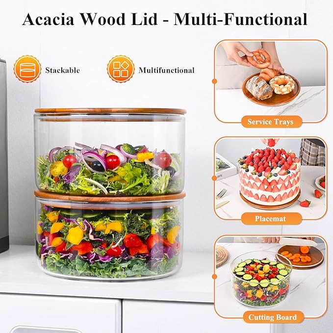 LOVYANXUE 155 oz Large Glass Trifle Bowl with Acacia Wood Lid - Glass Salad Bowl, Versatile Serving Bowls for Cake, Salad, Fruit, Baking, Dessert, Meal Prep, Storing, Microwave & Oven Safe, BPA Free
