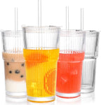 Amyoole 20 oz Ribbed Glass Tumblers With Lids and Straws,Clear Drinking Glasses Set of 4,Reusable Vintage Iced Coffee Cups,Leak Proof Thick Glass Cups for Juice,Cocktail,Smoothie,Beer,Boba