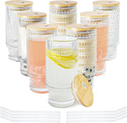 8 Pcs 16 oz Hobnail Glasses Cups Set with Bamboo Lids Straws Brush Hobonail Ribbed Glassware Set for Juice Iced Coffee Beer Cocktail Whiskey