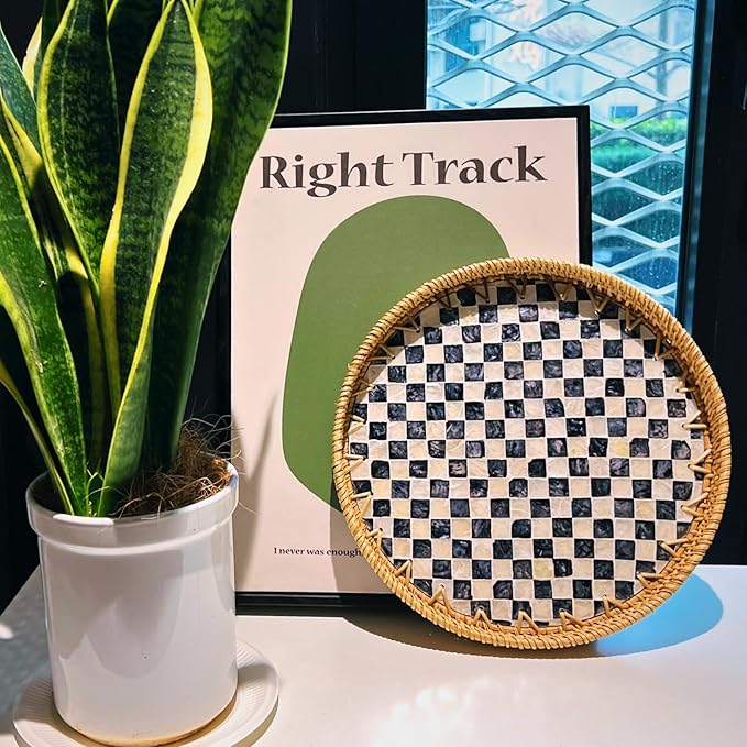 14-inch Rattan Checkered Tray with Mother of Pearl, Round Coffee Table Tray Decor, Round Wicker Boho Decorative Woven Serving Tray (Checkerboard)