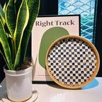 Set of 2 Rattan Checkered Tray with Mother of Pearl, Round Coffee Table Tray Decor, Round Wicker Boho Decorative Woven Serving Tray (Checkerboard)