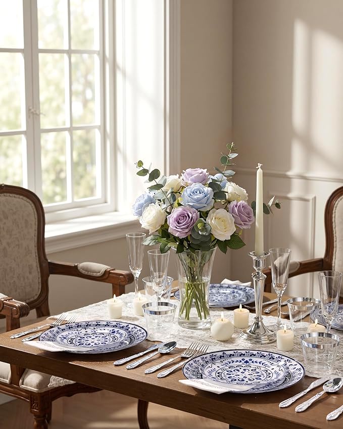 Hioasis 175PCS Blue Plastic Plates - Floral Disposable Dinnerware Set for 25 Guests, Include 50 Dinner & Dessert Plates, 75 Silver Cutlery, 25 Napkins, 25 Cups Perfect for Party (Traditional Style)
