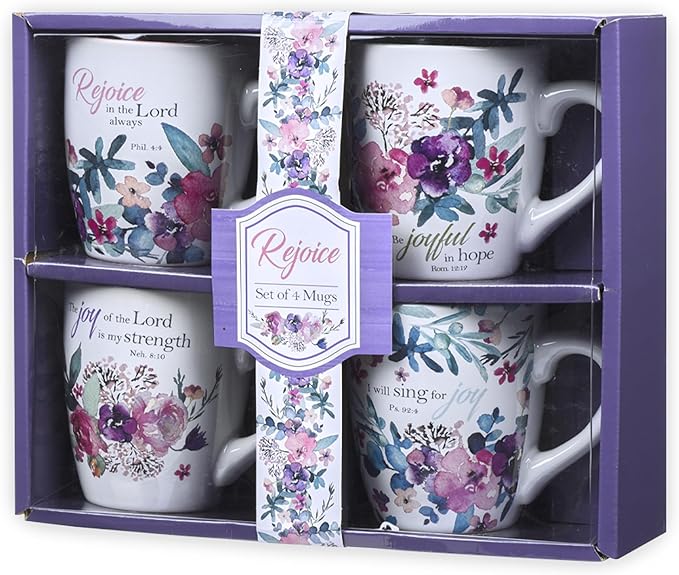 Christian Art Gifts Ceramic Coffee or Tea Mug Set for Women, Rejoice Watercolor Flowers Design Bible Verse Mug Set, Boxed Set of 4 Coffee Cups