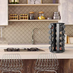 Black Countertop Rotating Spice Rack, Round Empty 20-Jars Revolving Spice Rack Organizer, 135 Spice Labels with Funnel Complete Set, for Kitchen Countertop, Cabinet