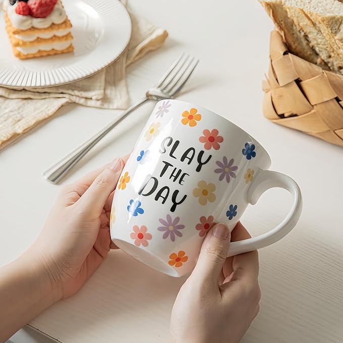 16 OZ Coffee Mugs Set of 6, Aesthetic Cute Cups with Retro Floral Pattern, Inspirational Affirmation Gifts for Women, Coworkers, Friends, Ceramic, (White)