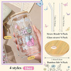 Mumufy 4 Pack Christian Inspiration Flower Glass Cup with Bamboo Lid and Straw Tumbler Iced Coffee Mugs 16 oz Glass, Mothers Day Birthday Women Religious Gift for Mom Sister Bridesmaid Baby Shower