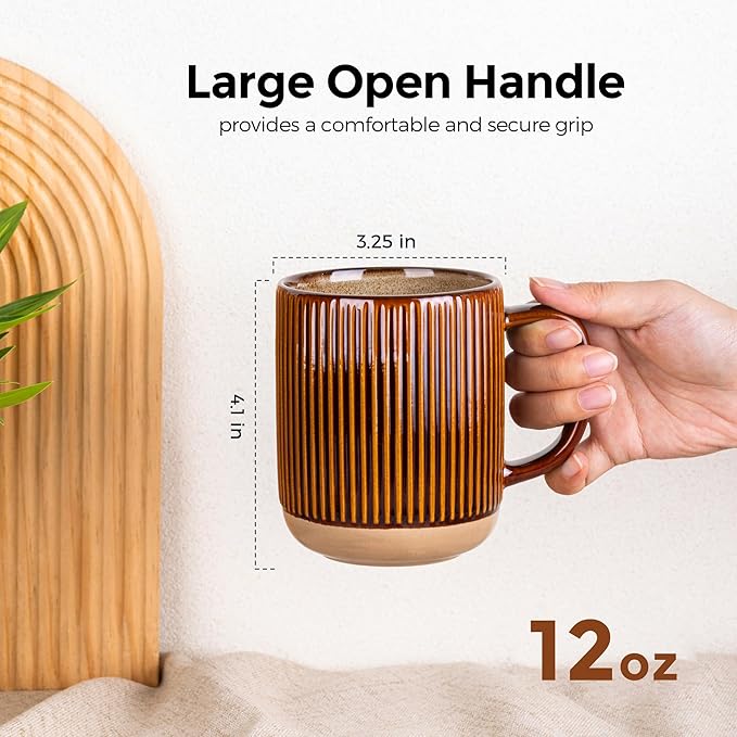 GBhome 12oz Coffee Mugs Set of 4, Handmade Stoneware Coffee Mugs Set with Large Handle for Cappuccino/Latte/Tea/Hot Cocoa, Dishwasher & Microwave Safe, Caramel