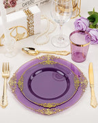 Nervure 175PCS Clear Purple Plastic Plates - Purple Party Plates Set for 25 Guests Include 25Dinner Plate, 25Dessert Plate, 25Cups, 75 Cutlery, 25Napkins Perfect for Wedding, Party & Bridal