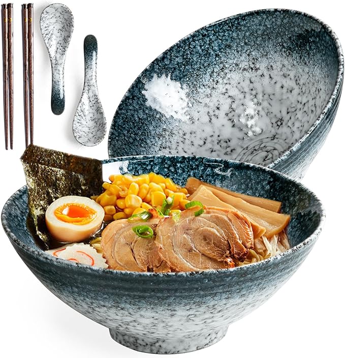 40 oz Ceramic Ramen Bowl Set of 2, Ramen Noodle Bowl with Spoons and Chopsticks 8 Inch Japanese Retro Style Large Soup, Pho, Udon Bowls, Microwave & Dishwasher Safe, Stone