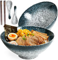 40 oz Ceramic Ramen Bowl Set of 2, Ramen Noodle Bowl with Spoons and Chopsticks 8 Inch Japanese Retro Style Large Soup, Pho, Udon Bowls, Microwave & Dishwasher Safe, Stone