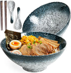 40 oz Ceramic Ramen Bowl Set of 2, Ramen Noodle Bowl with Spoons and Chopsticks 8 Inch Japanese Retro Style Large Soup, Pho, Udon Bowls, Microwave & Dishwasher Safe, Stone