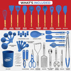 Kaluns 50 PCS Silicone Kitchen Utensils Set Complete Kitchen Set - 800°F Heat Resistant Non-Stick Premium Cooking Utensils W Wooden Handles - Can Opener, Masher, Turner, Silicone Spatula Set