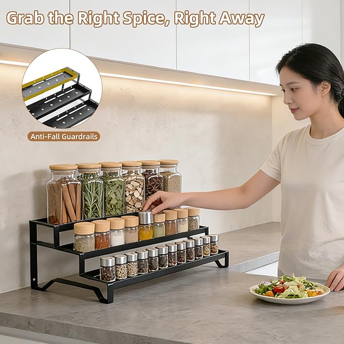 Expandable Spice Rack Organizer for Cabinet 3 Tiered Metal Seasoning Organization with Guardrails Spice Shelf Storage for Jars Adjustable Length 13"-21" Black 1Pack