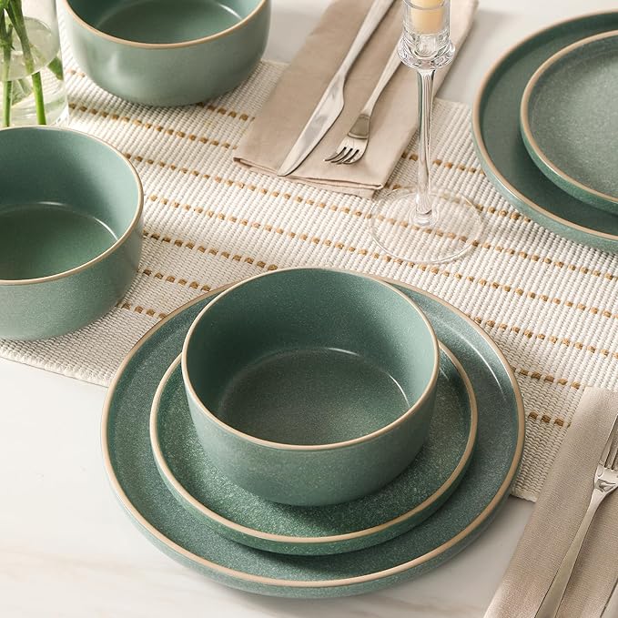Earth & Clay Amber 12-Piece Dinnerware Set Stoneware, Dishwasher and Microwave Safe Plates and Bowls Set, Dish Set for 4, Green