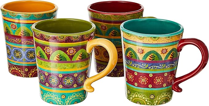 Tunisian Sunset 18 oz. Ceramic Mugs, Set of 4 – Multicolor Boho Coffee & Tea Cups with Bold Folk Art Patterns, Microwave & Dishwasher Safe, Eclectic Kitchen Gift Set for Beverage Lovers