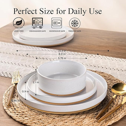 AmorArc Ceramic Dinnerware Set for 4 | Speckled Stoneware Plates and Bowls with unglazed terracotta | Scratch Resistant, Dishwasher & Microwave Safe Dishes Sets- 12-Pcs Milk White