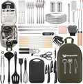 Camping Essentials Cookware Cooking Utensils Set - Portable Camp Kitchen Mess Kit Outdoor Accessories, Stainless Steel & Silicone, Camping Gear Equipment for RV Picnic Grill, Green Pro