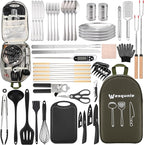 Camping Essentials Cookware Cooking Utensils Set - Portable Camp Kitchen Mess Kit Outdoor Accessories, Stainless Steel & Silicone, Camping Gear Equipment for RV Picnic Grill, Green Pro