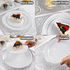 WDF Partyware 175PCS Sliver Plastic Plates - Silver Plates Disposable - White Plate with Silver Trim 25Guests Plastic Dinnerware Sets with Rolled Napkins for Wedding Baby Shower Spring Birthday