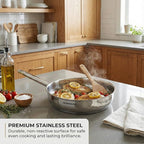 Sunhouse 10 Inch Tri-Ply Stainless Steel Frying Pan, Whole-Clad No Coatings Skillet with Stay-cool Handle for Cooking, Durable & Oven Safe to 500°F, Dishwasher Safe, Compatible with All Cooktops