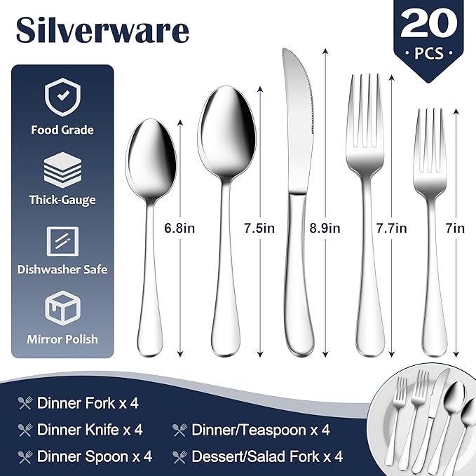 E-far Heavy Duty Silverware Set for 4, 20-Piece Stainless Steel Flatware Cutlery Set, Thick Metal Eating Utensils Including Forks and Spoons Knife, Heavy Weight & Mirror Finish, Dishwasher Safe