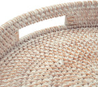 16.9" Round Rattan Tray, Hand Woven Serving Tray with Handles, Wicker Serving Basket, Decorative Tray for Home Decor, Whitewash