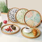 Round Rattan Tray with Mother of Pearl Inlay, Decorative Wicker Serving Tray with Wooden Base, Woven Basket Trays for Bread Fruits Coffee, Peony
