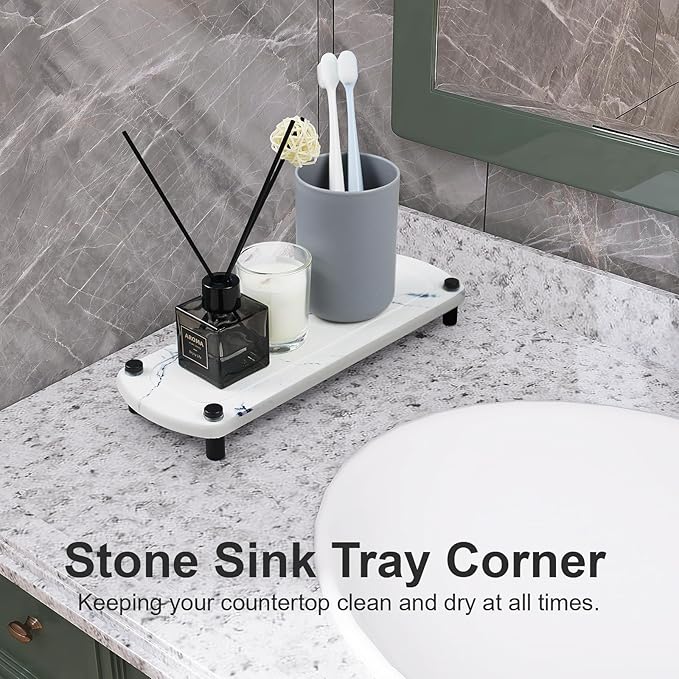 Instant Dry Sink Caddy Organizer, Stone Sink Tray with Stainless Steel Feet, Fast Drying Sponge and Soap Dispenser Holder for Kitchen and Bathroom Countertop