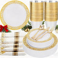 WELLIFE 175Pcs Gold Dinnerware Sets, Include:25 Dinner Plates, 25 Dessert Plates, 25 Paper Napkins, 25 Cups, 25 Plastic Cutlery Set
