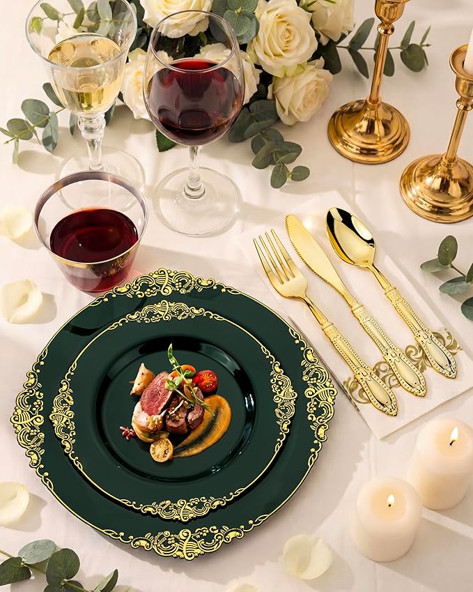 Morejoy 175PCS Green Plastic Plates - Green Gold Plastic Dinnerware Set Include 25Dinner Plates, 25Dessert Plates 75Cutlery, 25Cups, 25Napkin Perfect for Party & Wedding