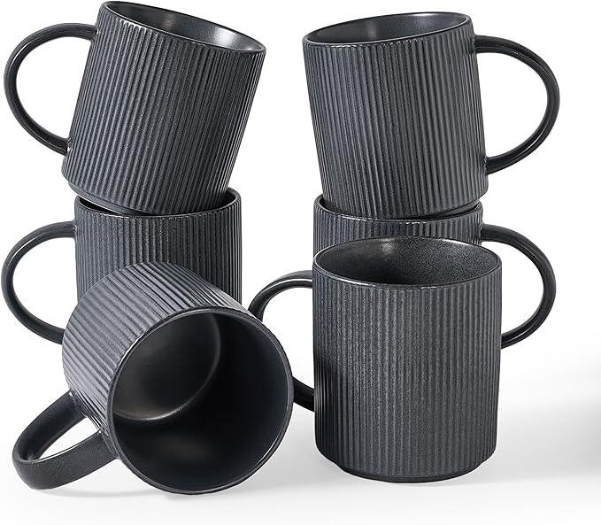famiware Coffee Mug Set for 6, Star 16 oz Catering Mugs Cup Set with Handle for Coffee, Tea, Cocoa, Milk - Ceramic Stoneware Drinkware Set, Matte Dark Charcoal