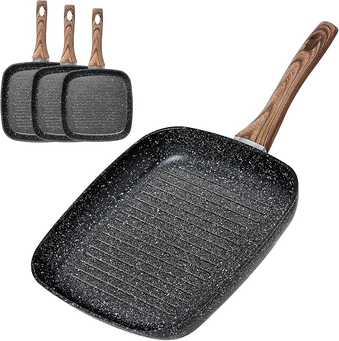 Sweetcrispy Nonstick Grill Pans Set, 3 Piece Square Frying Pan Skillet Set with Stay Cool Handle & PFOA Free, Compatible with All Stovetops (9.5" 10" 11") Black
