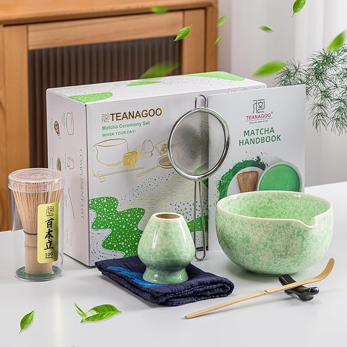TEANAGOO Matcha Whisk Set,7 Pcs Matcha Set Green,Ceremony Matcha Kit,Matcha Tea Set for Making Latte,Ceramic Bowl(chawan) whith Spout and Whisk,Gift for Matcha Lovers