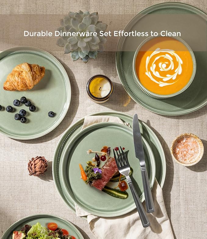 GBHOME 24-Piece Stoneware Dinnerware Set for 8 – Ribbed Ceramic Plates and Bowls, Scratch-Resistant, Microwave & Dishwasher Safe, Reactive Glaze, Light Green