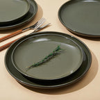 Pokini 16 Piece Double Bowl Dinnerware Sets with Pasta Bowls, Highly Chip and Crack Resistant Plates and Bowls Sets, Natural Earthyware Ceramic Dishware Sets, Service for 4 Blackish Green