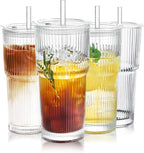 Puraville 4 Pack 20oz Glass Cups with Lids and Straws, Vintage Ribbed Glassware for Whiskey Cocktail Beer, Mason Jar Drinking Glasses Tumbler Iced Coffee Cup