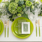 DaYammi 150Pcs Lime Green Plastic Plates & Gold Cutlery with Green Handle,green Disposable Plates with Gold Rim Include 30 Dinner Plate,30 Dessert Plate,30 Knives,30 Forks,30 Spoons for Party Dinner