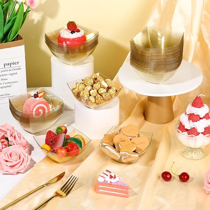 Tanlade 50 Pcs Gold Square Plastic Serving Bowls 8 oz Disposable Snack Salad Bowl Small Party Candy Bar Containers Taco Bar Serving Dishes for Buffet Chips Fruit