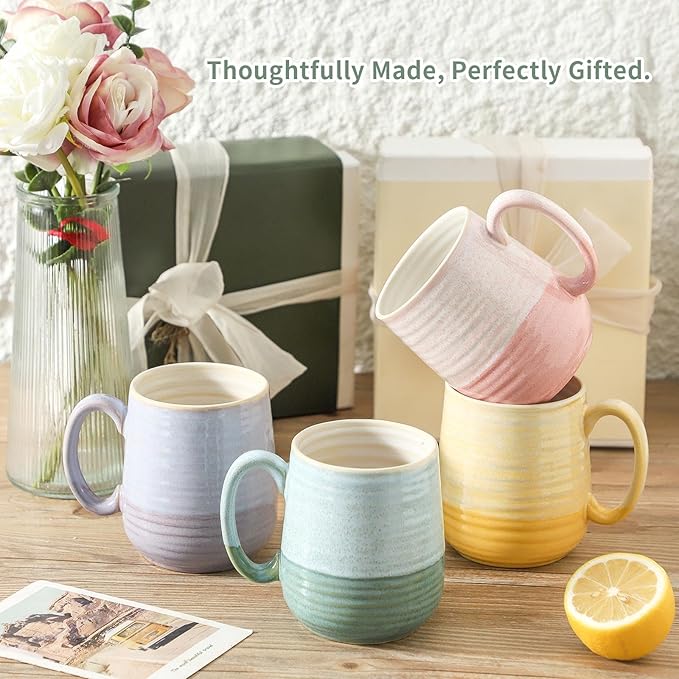 HASENSE Porcelain Coffee Mugs Set of 4, 12 Oz Two-Tone Reactive Glaze Coffee Cups with Handle, Unique Colorful Mug Set for Coffee, Tea, Coco, Latte, Dishwasher and Microwave Safe