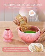 Matcha Whisk Set, 6pcs Matcha Kit Includes Matcha Bowl with Spout, Bamboo Whisk & Scoop with Cute Charm, Chasen Holder, Innovative Sifter, Tea Mat for Latte Making, Pink