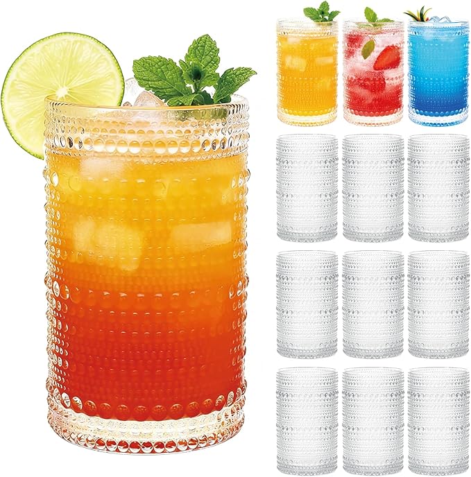 Mapoxy Hobnail Drinking Glasses Set of 12, 12 Oz Highball Glasses, Clear Embossed Water Glass Cups for Beer, Whiskey, Juice & Cocktails, Multi-Use Boho Glassware Set for Home, Bar, Kitchen & Gifting