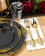 Nervure 350PCS Black Plastic Plates - Black Plastic Dinnerware Sets for 50 Guests - 100 Disposable Plates, 150 Gold Silverware, 50 Cups, 50 Napkins for Wedding & Party & Graduation & Retirement