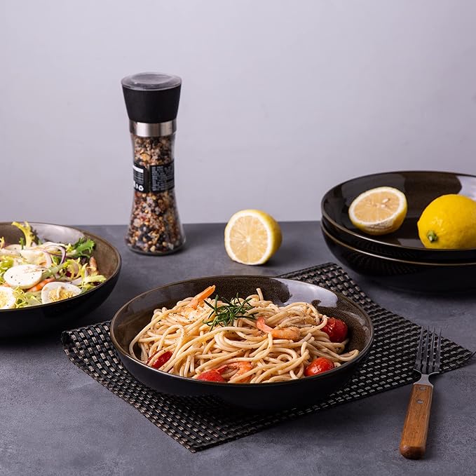 LERATIO Pasta Bowls,Ceramic 38oz Pasta Bowls,9.0" Reactive Glaze Pasta Bowl Set of 4,Microwave & Dishwasher,Oven Safe,Large Wide Serving Bowls for Salad, Dessert, Pizza,Scratch Resistant-Chestnut