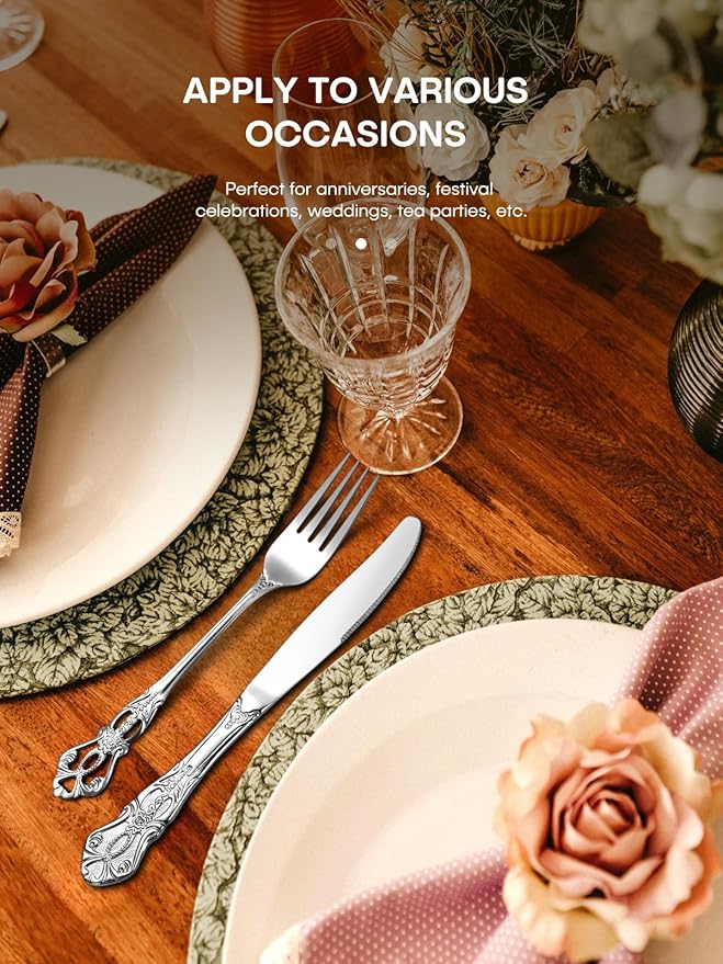 Stapava 30 Pcs Gorgeous Retro Royal Silverware Set, Stainless Steel Cutlery Flatware Set for 6, Include Forks Spoons and Knives Set, Mirror Polished Utensils Set, Dishwasher Safe