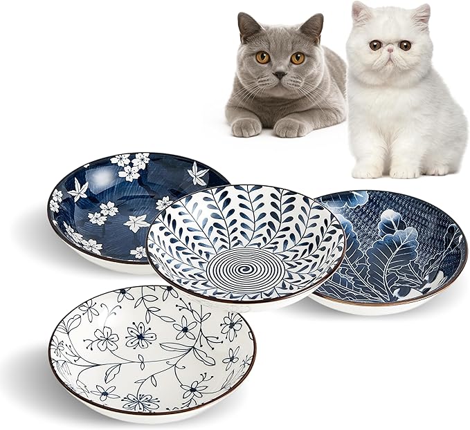 Ceramic Cat Bowls Set of 4, Vintage Blue and White Pet Dog Bowl for Food & Water, 5.5 in Small Kitten Wide Shallow Dishes for Indoor Cats